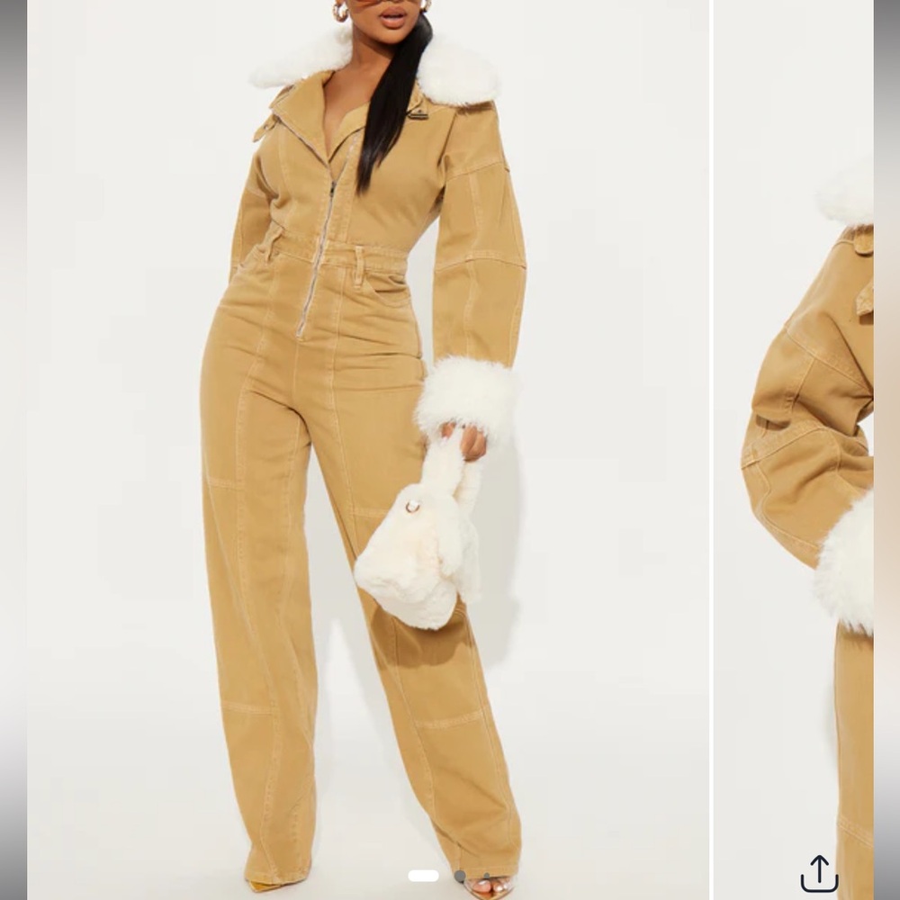 Just How I Like It Denim Jumpsuit - Khaki with White Faux Fur Trim